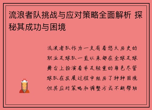 流浪者队挑战与应对策略全面解析 探秘其成功与困境
